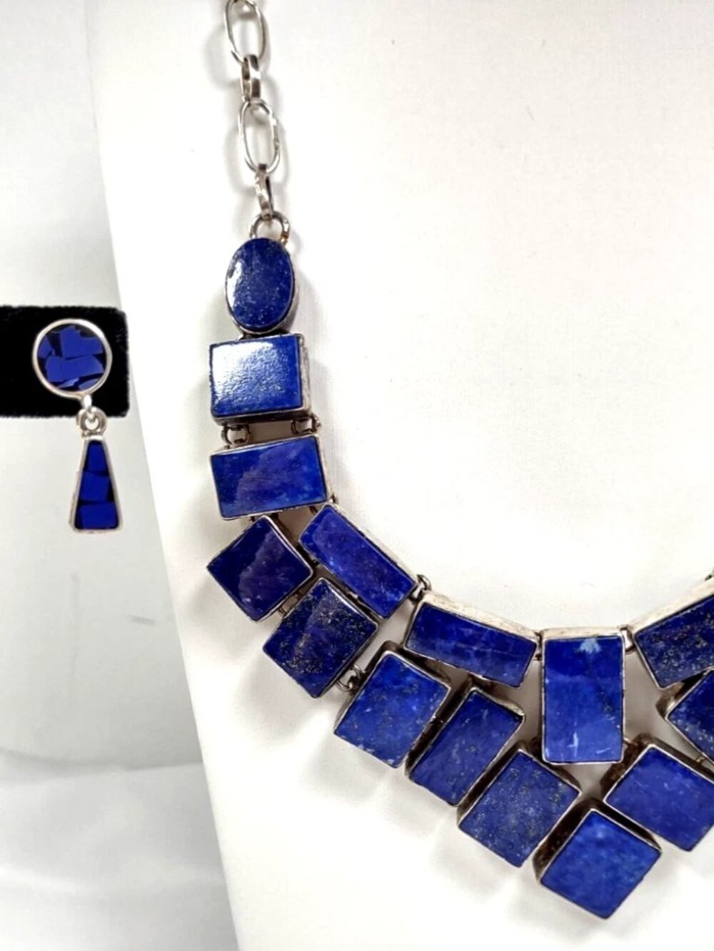 2 PC Set-Lapis Lazuli Bib Necklace + Dangle Earrings Sterling Silver 925 VTG